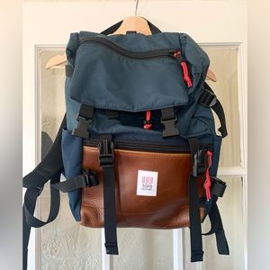 Topo Designs Rover Backpack in Navy with Brown Leather Detail